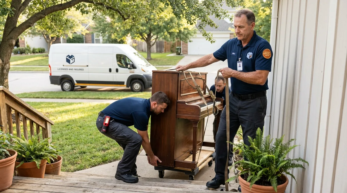 Licensed piano movers securing grand piano in Silver Bay, MN