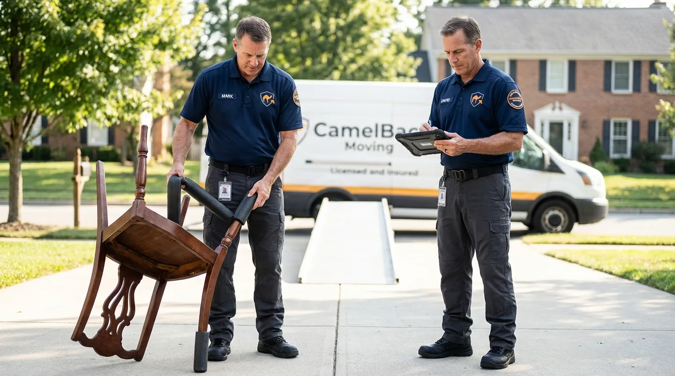 Movers inspecting furniture for damage prevention before loading in Silver Bay, MN