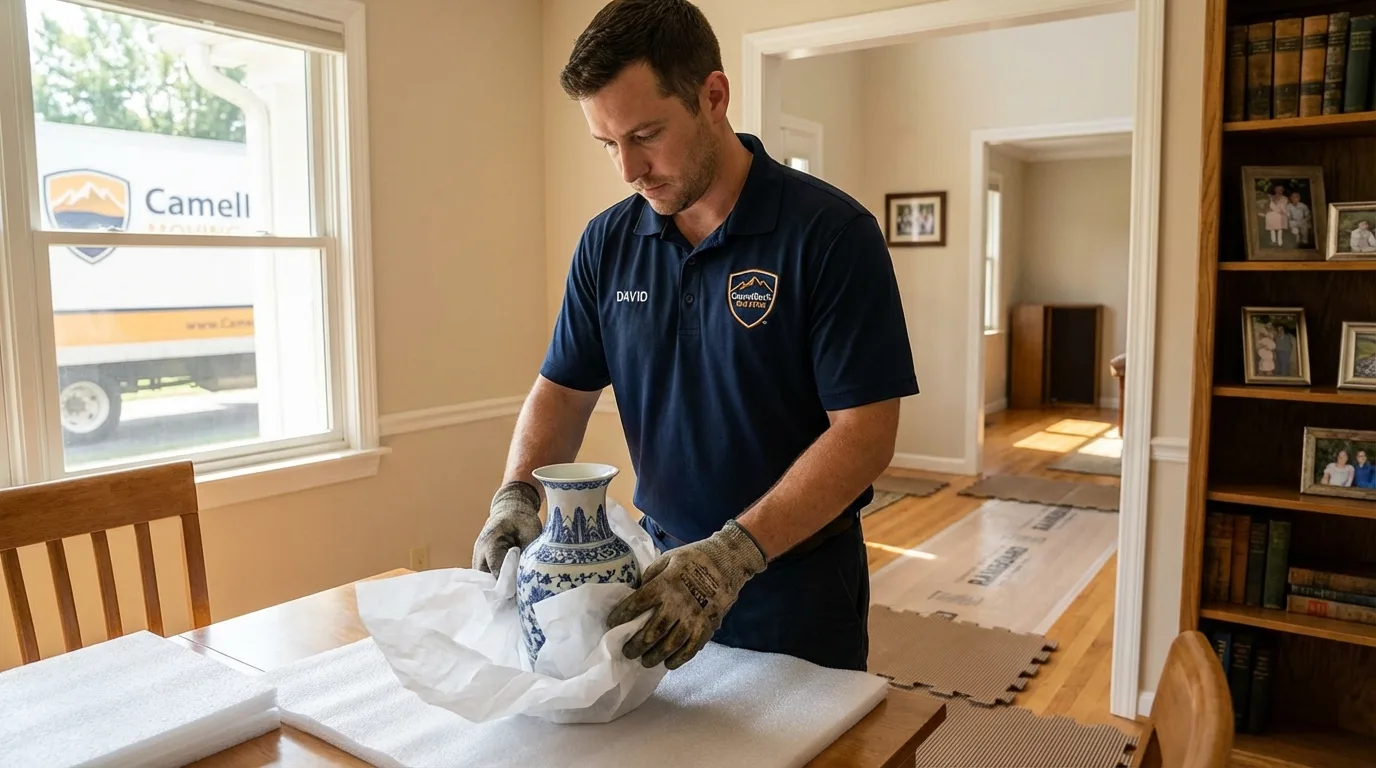 Professional crew carefully wrapping antique vase for senior downsizing move in Silver Bay, MN
